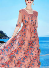 Load image into Gallery viewer, Slim Fit Pink Tie Waist Patchwork Silk Formal Dress Short Sleeve