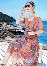 Load image into Gallery viewer, Slim Fit Pink Tie Waist Patchwork Silk Formal Dress Short Sleeve