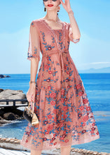 Load image into Gallery viewer, Slim Fit Pink Tie Waist Patchwork Silk Formal Dress Short Sleeve