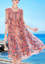 Load image into Gallery viewer, Slim Fit Pink Tie Waist Patchwork Silk Formal Dress Short Sleeve