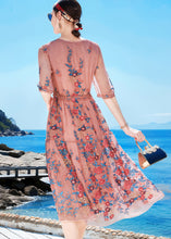 Load image into Gallery viewer, Slim Fit Pink Tie Waist Patchwork Silk Formal Dress Short Sleeve