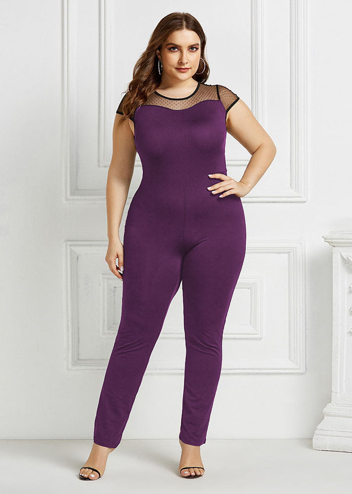 Slim Fit Purple O-Neck Tulle Patchwork Jumpsuit Short Sleeve