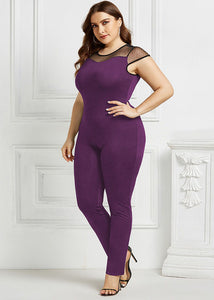 Slim Fit Purple O-Neck Tulle Patchwork Jumpsuit Short Sleeve