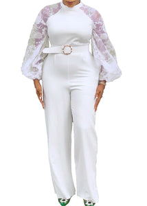 Slim Fit White O-Neck Tulle Patchwork Sashes Straight Jumpsuits Fall