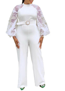 Slim Fit White O-Neck Tulle Patchwork Sashes Straight Jumpsuits Fall