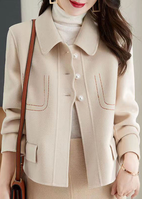 Style Beige Peter Pan Collar Patchwork Woolen Jacket Fall