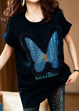 Load image into Gallery viewer, Style Black Butterfly Zircon Patchwork Cotton T Shirts Tops Summer