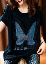 Load image into Gallery viewer, Style Black Butterfly Zircon Patchwork Cotton T Shirts Tops Summer