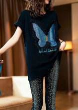 Load image into Gallery viewer, Style Black Butterfly Zircon Patchwork Cotton T Shirts Tops Summer