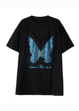 Load image into Gallery viewer, Style Black Butterfly Zircon Patchwork Cotton T Shirts Tops Summer