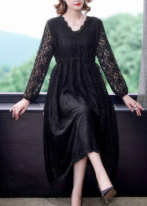 Style Black Elastic Waist Hollow Out Lace Dresses Spring