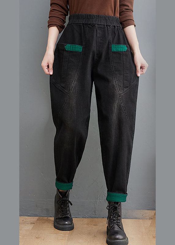 Style Black Pockets Patchwork denim Pants Spring