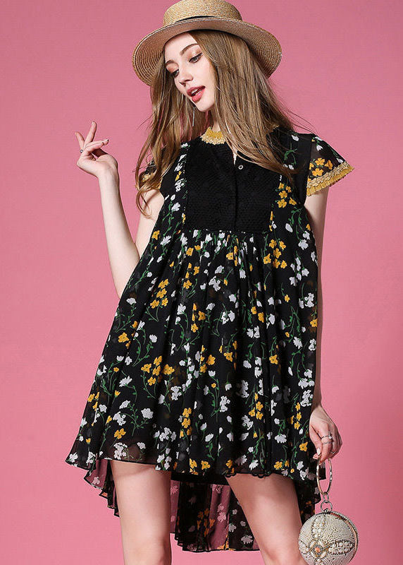 Style Black Print Low High Design Chiffon Pleated Dress Summer