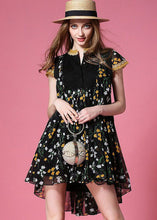 Load image into Gallery viewer, Style Black Print Low High Design Chiffon Pleated Dress Summer