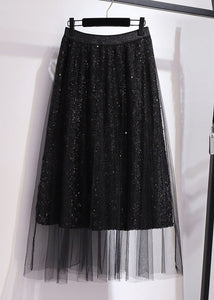 Style Black SequinsElastic Waist Patchwork Tulle Pleated Skirt Fall