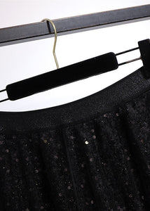 Style Black SequinsElastic Waist Patchwork Tulle Pleated Skirt Fall