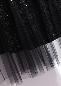 Style Black SequinsElastic Waist Patchwork Tulle Pleated Skirt Fall