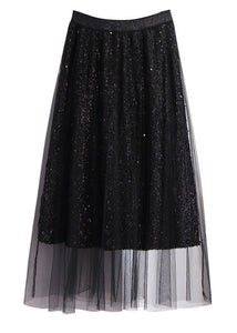 Style Black SequinsElastic Waist Patchwork Tulle Pleated Skirt Fall