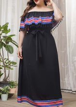 Load image into Gallery viewer, Style Black Slash Neck Tasseled Tie Waist Patchwork Cotton Dresses Summer