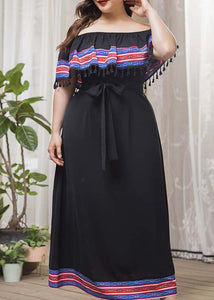 Style Black Slash Neck Tasseled Tie Waist Patchwork Cotton Dresses Summer