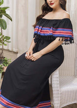 Load image into Gallery viewer, Style Black Slash Neck Tasseled Tie Waist Patchwork Cotton Dresses Summer