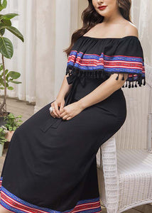 Style Black Slash Neck Tasseled Tie Waist Patchwork Cotton Dresses Summer