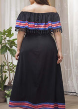 Load image into Gallery viewer, Style Black Slash Neck Tasseled Tie Waist Patchwork Cotton Dresses Summer