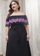 Load image into Gallery viewer, Style Black Slash Neck Tasseled Tie Waist Patchwork Cotton Dresses Summer