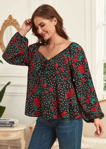 Style Black Square Collar Print Patchwork Chiffon Tops Long Sleeve