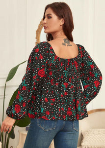 Style Black Square Collar Print Patchwork Chiffon Tops Long Sleeve