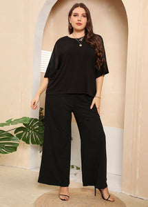 Style Black Tulle Patchwork Tops And Wide Leg Pants Cotton Two Pieces Set Summer
