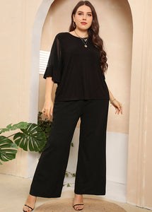 Style Black Tulle Patchwork Tops And Wide Leg Pants Cotton Two Pieces Set Summer