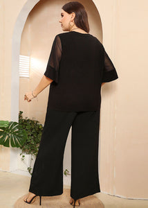 Style Black Tulle Patchwork Tops And Wide Leg Pants Cotton Two Pieces Set Summer
