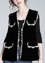 Load image into Gallery viewer, Style Black V Neck Lace Patchwork Silk Velour Waistcoat Spring