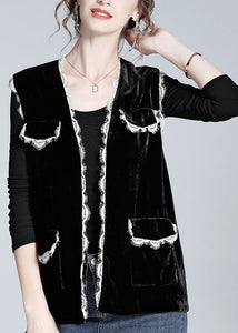 Style Black V Neck Lace Patchwork Silk Velour Waistcoat Spring