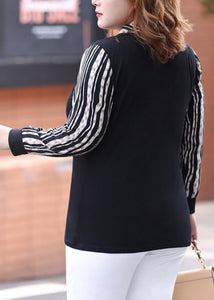 Style Black V Neck Striped Patchwork Shirt Fall