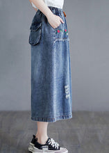 Load image into Gallery viewer, Style Blue Embroideried Pockets Elastic Waist Patchwork Cotton Skirt Summer