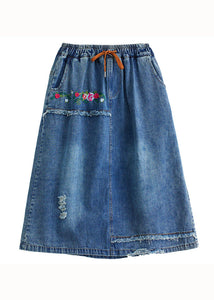 Style Blue Embroideried Pockets Elastic Waist Patchwork Cotton Skirt Summer