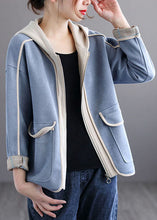 Load image into Gallery viewer, Style Blue Hooded Pockets Patchwork Cotton Coat Spring