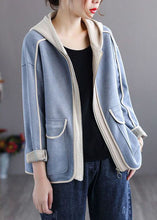 Load image into Gallery viewer, Style Blue Hooded Pockets Patchwork Cotton Coat Spring