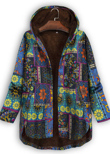 Style Blue Hooded Print Low High Design Patchwork Warm Fleece Coats Fall