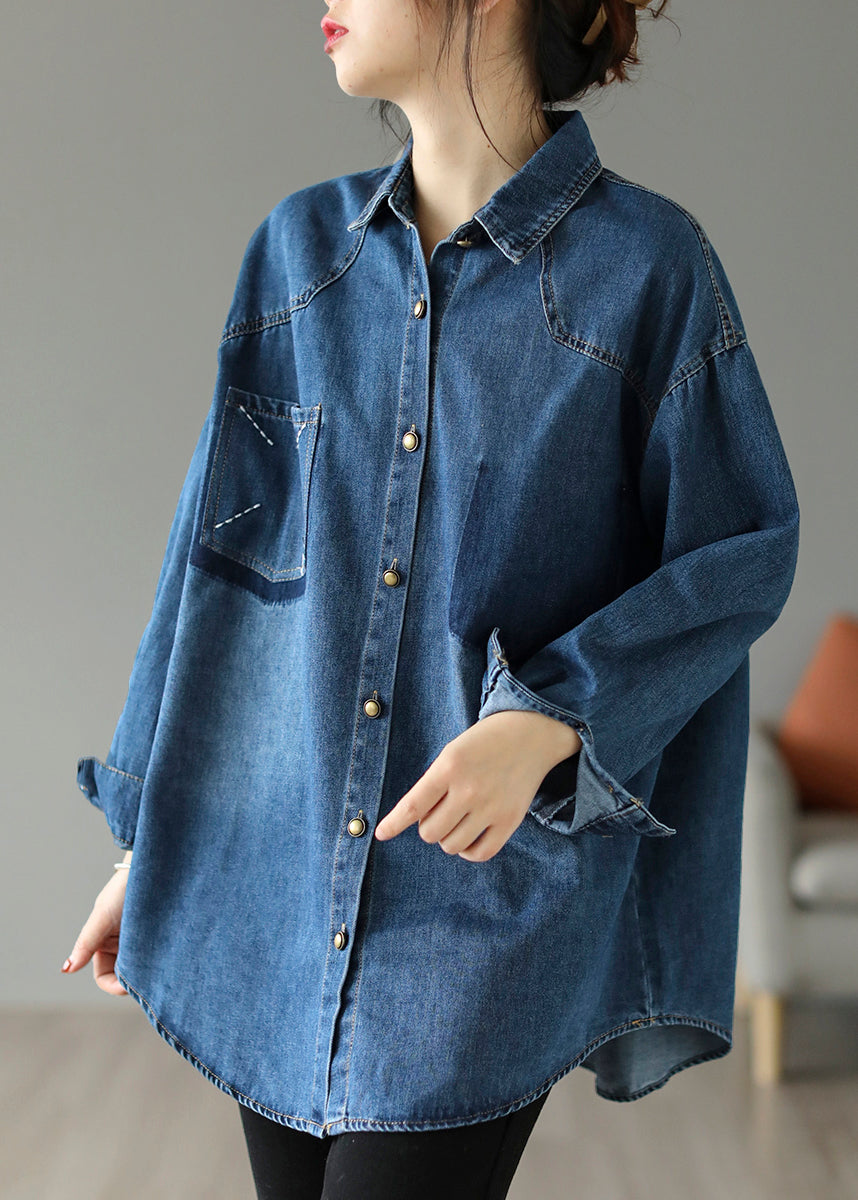 Style Blue Oversized Embroideried Pocket Denim Jackets Spring