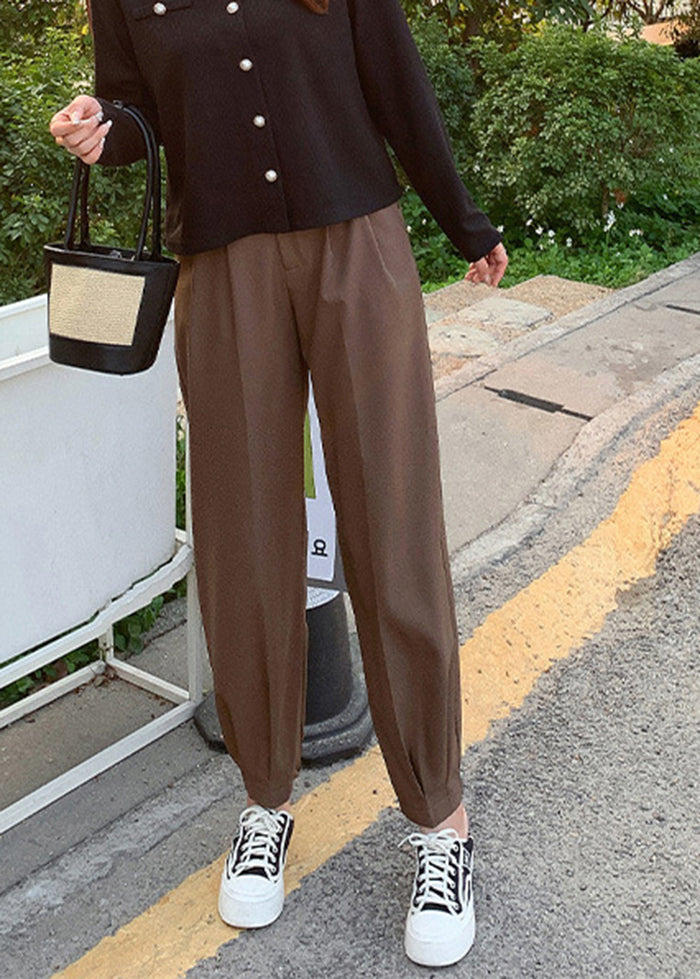 Style Brown High Waist Slim Fit Spandex Beam Pants Fall