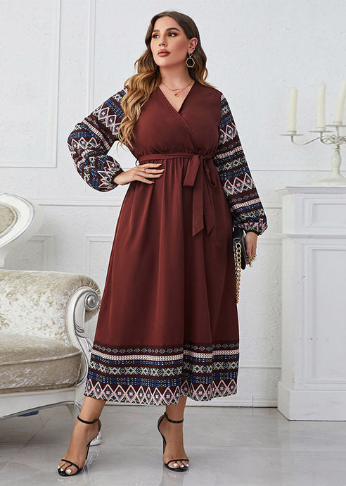 Style Brown V Neck Print Tie Waist Patchwork Chiffon Dress Fall