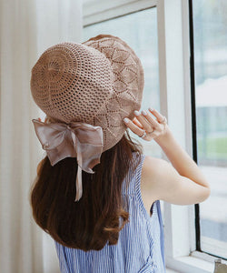 Style Coffee Hollow Out Bow Knit Floppy Sun Hat