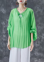 Load image into Gallery viewer, Style Green Oversized Wrinkled Lace Up Chiffon Blouse Top Lantern Sleeve