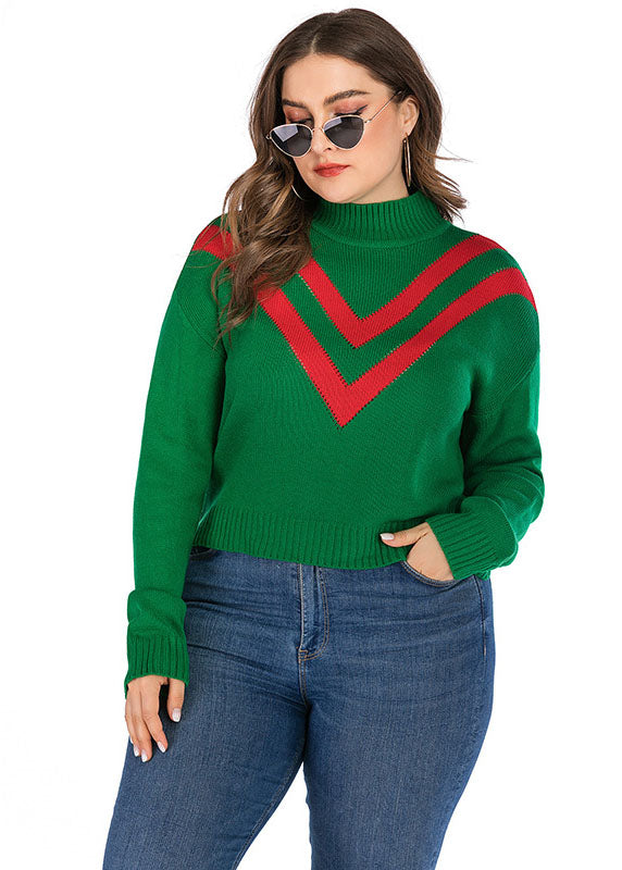 Style Green Turtleneck Striped Patchwork Knit Sweater Fall