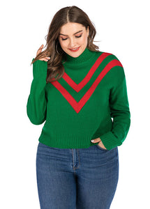 Style Green Turtleneck Striped Patchwork Knit Sweater Fall