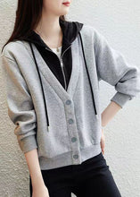 Load image into Gallery viewer, Style Grey Button Patchwork False Two Pieces Cotton Hooded Coat Fall