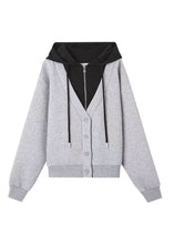 Load image into Gallery viewer, Style Grey Button Patchwork False Two Pieces Cotton Hooded Coat Fall